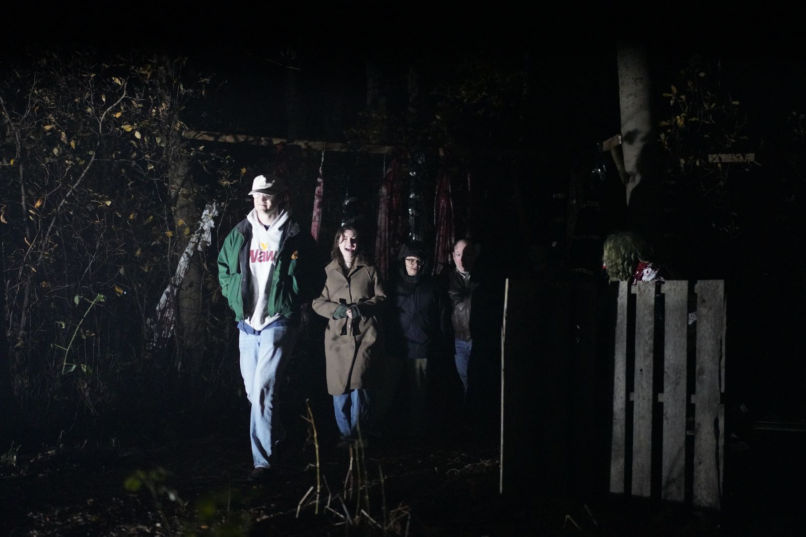 A group walking the trail at night